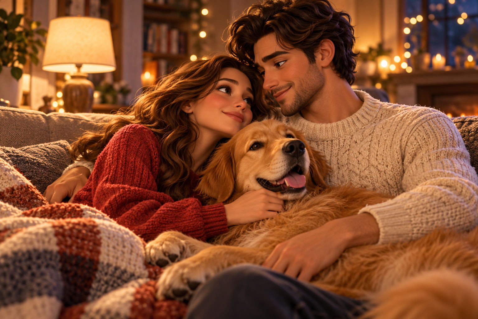 An animated couple cuddling their dog at home